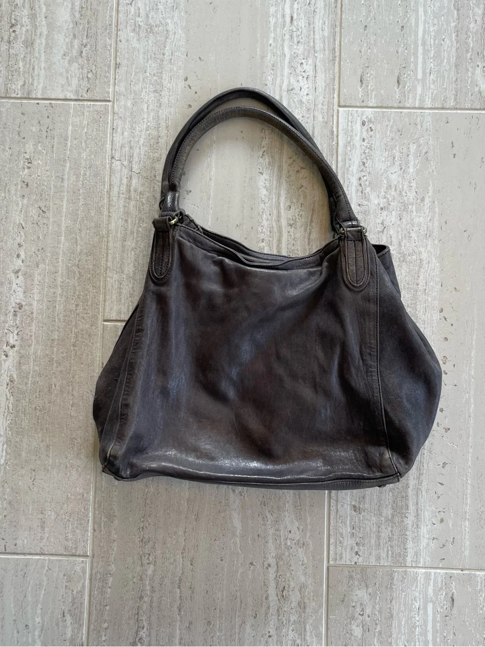 Rehard Italy Genuine Leather Distressed Gray Hobo Shoulder Bag Slouchy Tote